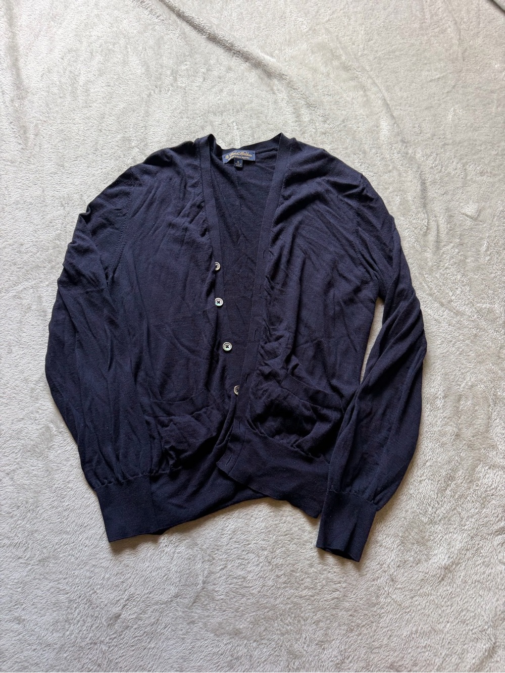 Brooks Brothers Navy V-Neck Button Cardigan %100 Merino Wool